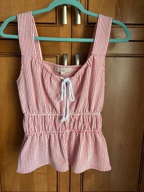 LOFT Pink and White Striped Drawstring Peplum Top
